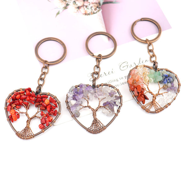 Natural stone crystal Love Life Tree Key chain heart key chain bag pendant